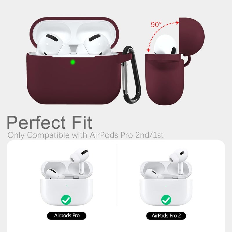 Lerobo Compatible with AirPods Pro Case Cover,Full Protective Shockproof Washable Silicone Case for Airpods Pro 2 Supports Wireless Charging with Carabiner Front LED Visible,Burgundy - Image 2